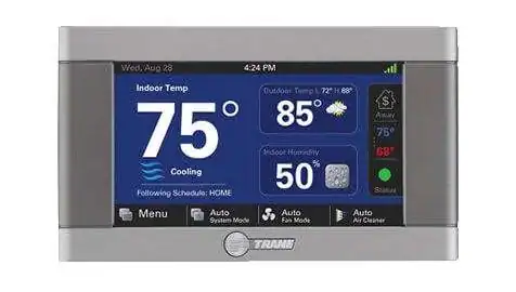 A digital thermostat displays an indoor temperature of 75°F, cooling mode, an outdoor temperature of 85°F, and outdoor humidity at 50%. The screen shows various weather icons and menu options.