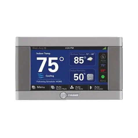 A digital thermostat displays an indoor temperature of 75°F, cooling mode, an outdoor temperature of 85°F, and outdoor humidity at 50%. The screen shows various weather icons and menu options.